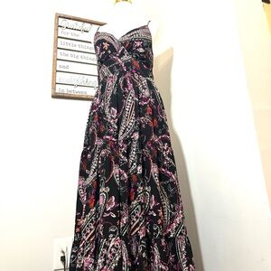 WHBM Tiered Maxi Dress Black with Roses & Vines Print V-Neck Spaghetti Straps S